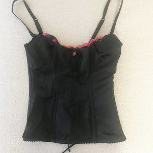 Victoria's Secret Black Satin Cherry Print Mesh Bustier, Garter, & Panty Set - S